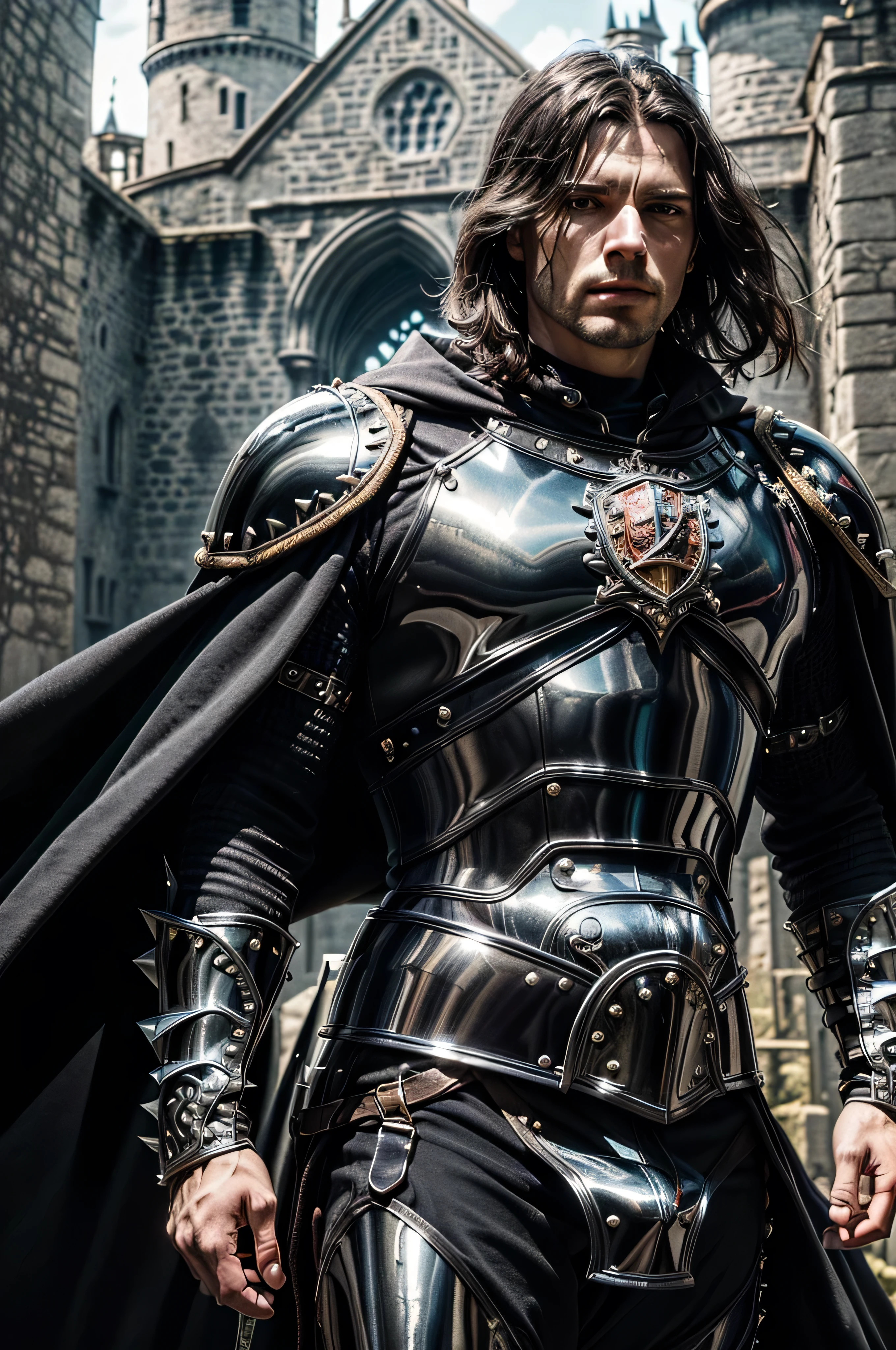 (masterpiece, photorealistic:1.4, extremely intricate:1.3), (photon mapping, radiosity, physically based rendering, ultra resolution, hyper-realistic, photorealistic:1.4, hyper-realistic, 8K), muscular man, ((black chrome late renaissance armor:1.4, chrome rivets (torso photograph), breastplate, black cloak), showing off his bulge, metal reflections, outdoors, medieval battlefield, intense sunlight, far away castle, moat, (glossblack hair, dynamic pose), sharp focus, dramatic, award winning, cinematic lighting, (film grain, bokeh, interaction)