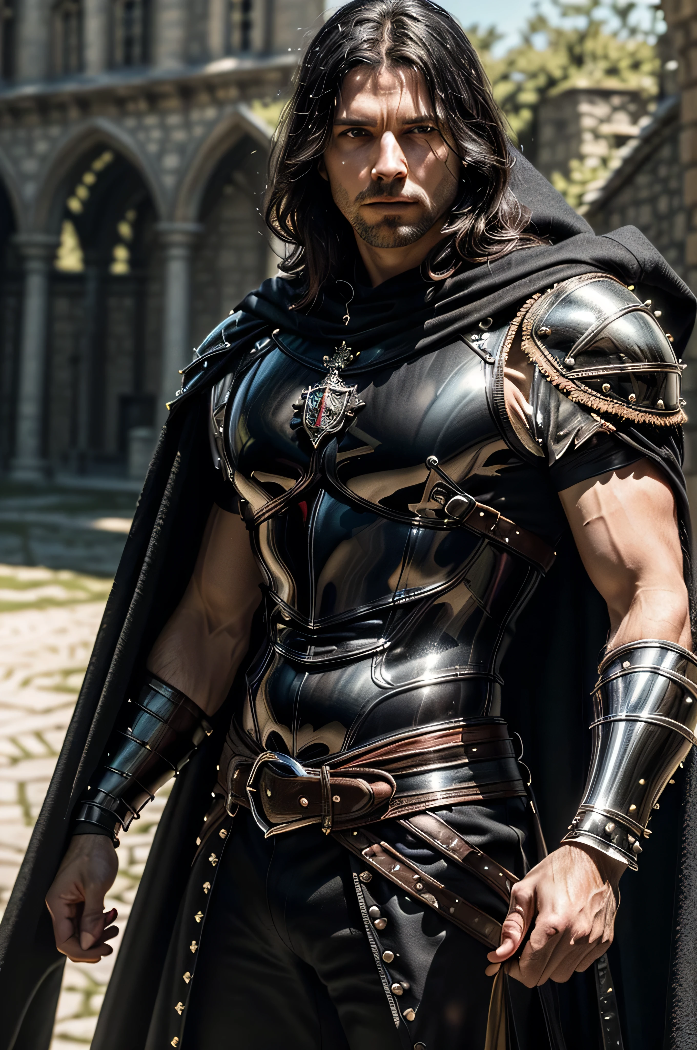 (masterpiece, photorealistic:1.4, extremely intricate:1.3), (photon mapping, radiosity, physically based rendering, ultra resolution, hyper-realistic, photorealistic:1.4, hyper-realistic, 8K), muscular man, ((black chrome late renaissance armor:1.4, chrome rivets (torso photograph), breastplate, black cloak), showing off his bulge, metal reflections, outdoors, medieval battlefield, intense sunlight, far away castle, moat, (glossblack hair, dynamic pose), sharp focus, dramatic, award winning, cinematic lighting, (film grain, bokeh, interaction)