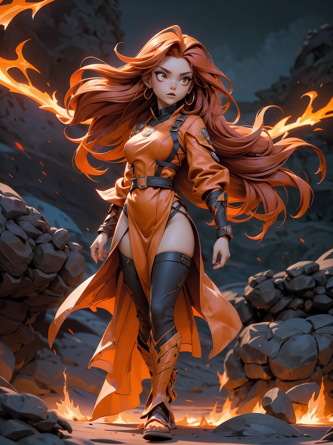 A striking artwork of a fiery and majestic female character amidst a dramatic, fiery backdrop. The full-body view highlights her vibrant gold and red clothes that reflect her fiery nature. Her gradient long hair, transitioning from black to orange to red, flows like flames around her fierce face. Her yellow eyes gleam with determination and courage. She brandishes a flame whip, crackling with fiery energy, enhancing her formidable presence.
The setting is a volcanic landscape with molten lava flows and burning embers lighting up the night. The sky is ablaze with the colors of a setting sun, and the ground is scorched and cracked, giving the scene an intense and dramatic atmosphere that mirrors the character’s fiery spirit.