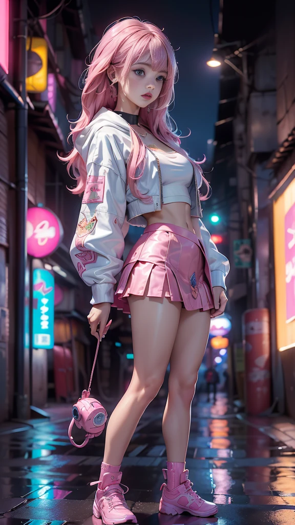 A girl with a pink double ponytail and shorts and stockings
