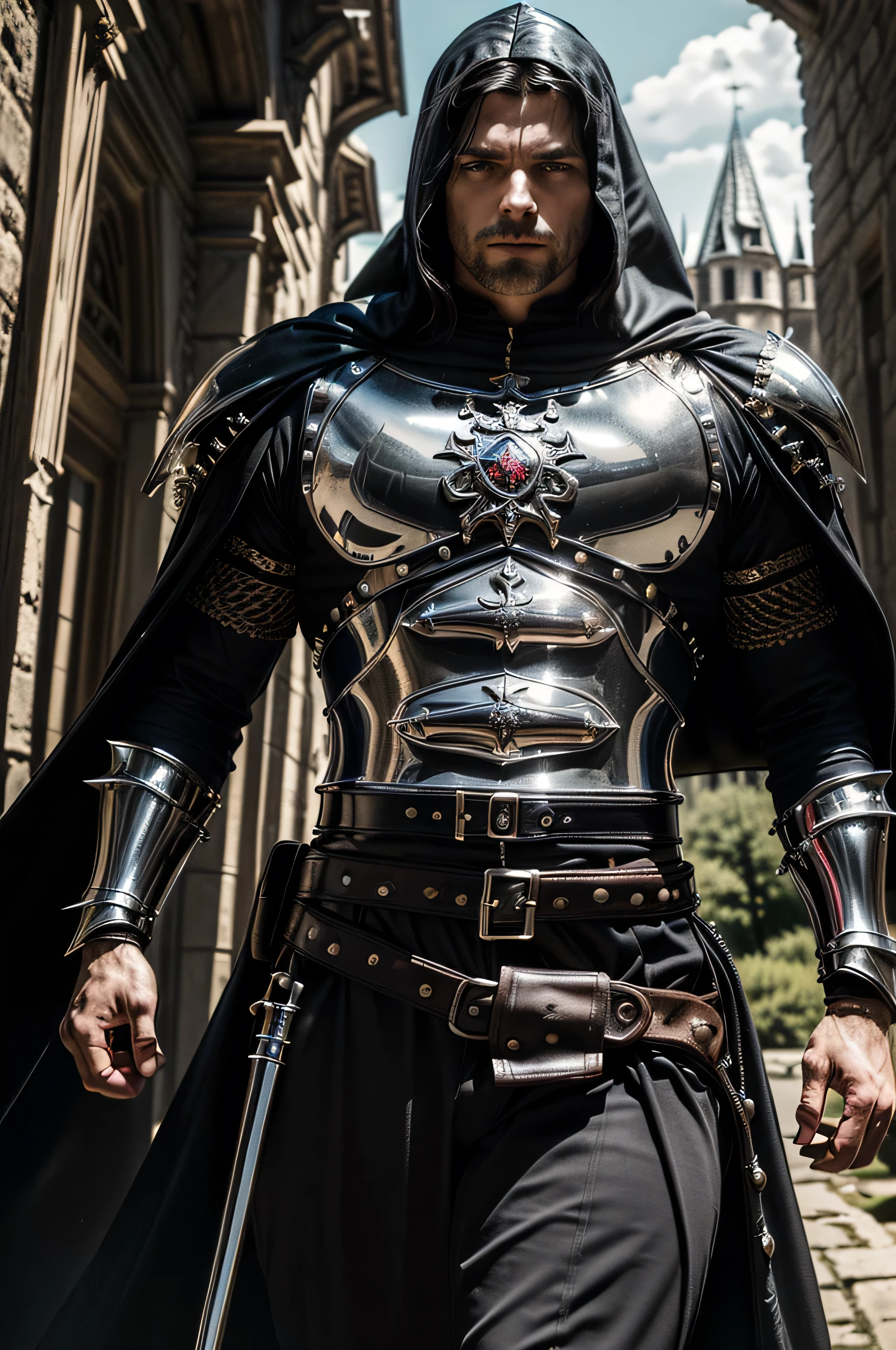 (masterpiece, photorealistic:1.4, extremely intricate:1.3), (photon mapping, radiosity, physically based rendering, ultra resolution, hyper-realistic, photorealistic:1.4, hyper-realistic, 8K), muscular man, ((black chrome late renaissance armor:1.4, chrome rivets (torso photograph), breastplate, black cloak), showing off his bulge, metal reflections, outdoors, medieval battlefield, intense sunlight, far away castle, moat, (glossblack hair, dynamic pose), sharp focus, dramatic, award winning, cinematic lighting, (film grain, bokeh, interaction)