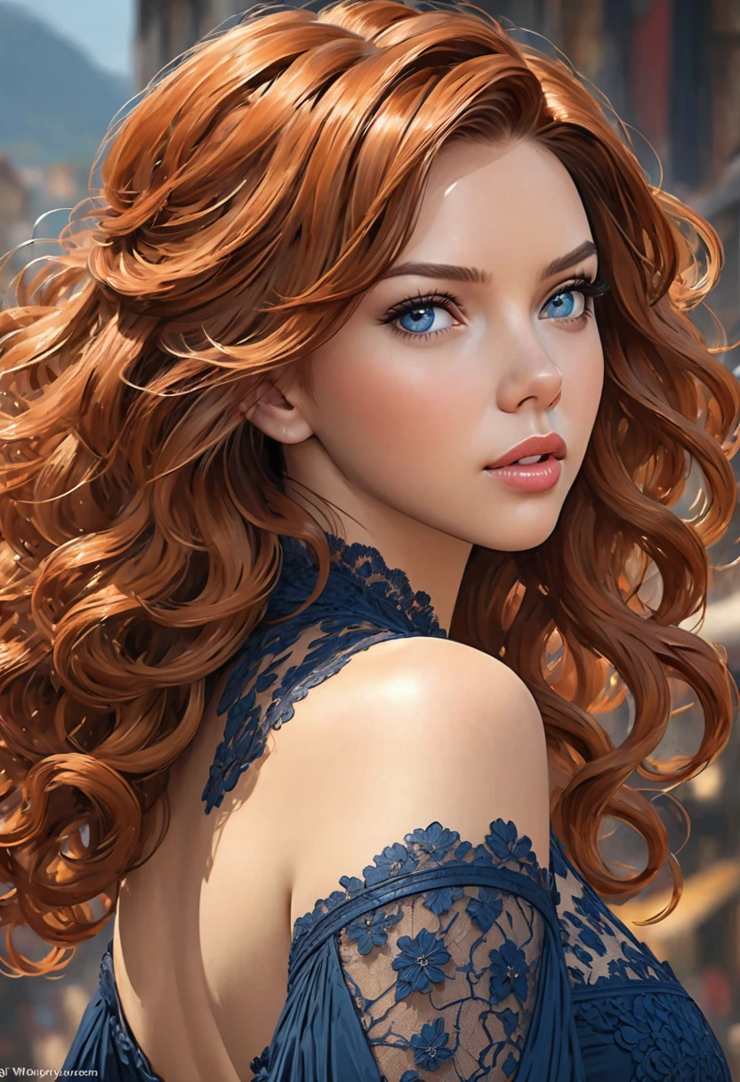 Beautiful boho women stunning merge of Scarlett Johanson. with Navy-blue-dress. blue lace. copper colored hair that is coarse, wiry, and tightly curled. It often has a rough texture, feels stiff to the touch, and may be prone to frizz and tangling. The curls can be densely packed. The Official Art – An Award-Winning Digital Masterpiece In 4K Ultra HD, Extreme Detail And Intricate Realism. This Concept Art Brought To Life By The Hands Of Artists Like Wlop & Artgerm In A Stunning 2D Vector Illustration. large, perky, full, well shaped spherical breasts. Background is a panoramic vista.
