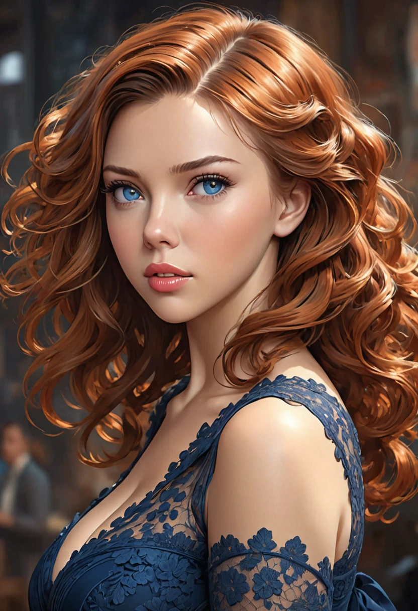 Beautiful boho women stunning merge of Scarlett Johanson. with Navy-blue-dress. blue lace. copper colored hair that is coarse, wiry, and tightly curled. It often has a rough texture, feels stiff to the touch, and may be prone to frizz and tangling. The curls can be densely packed. The Official Art – An Award-Winning Digital Masterpiece In 4K Ultra HD, Extreme Detail And Intricate Realism. This Concept Art Brought To Life By The Hands Of Artists Like Wlop & Artgerm In A Stunning 2D Vector Illustration. large, perky, full, well shaped spherical breasts. Background is a panoramic vista.