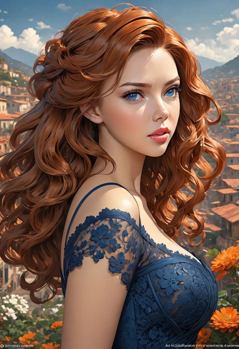 Beautiful boho women stunning merge of Scarlett Johanson. with Navy-blue-dress. blue lace. copper colored hair that is coarse, wiry, and tightly curled. It often has a rough texture, feels stiff to the touch, and may be prone to frizz and tangling. The curls can be densely packed. The Official Art – An Award-Winning Digital Masterpiece In 4K Ultra HD, Extreme Detail And Intricate Realism. This Concept Art Brought To Life By The Hands Of Artists Like Wlop & Artgerm In A Stunning 2D Vector Illustration. large, perky, full, well shaped spherical breasts. Background is a panoramic vista.