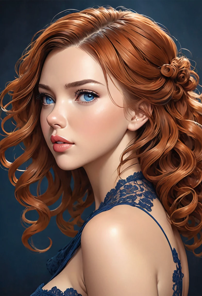 Beautiful boho women stunning merge of Scarlett Johanson. with Navy-blue-dress. blue lace. copper colored hair that is coarse, wiry, and tightly curled. It often has a rough texture, feels stiff to the touch, and may be prone to frizz and tangling. The curls can be densely packed. The Official Art – An Award-Winning Digital Masterpiece In 4K Ultra HD, Extreme Detail And Intricate Realism. This Concept Art Brought To Life By The Hands Of Artists Like Wlop & Artgerm In A Stunning 2D Vector Illustration. large, perky, full, well shaped spherical breasts. Background is a panoramic vista.