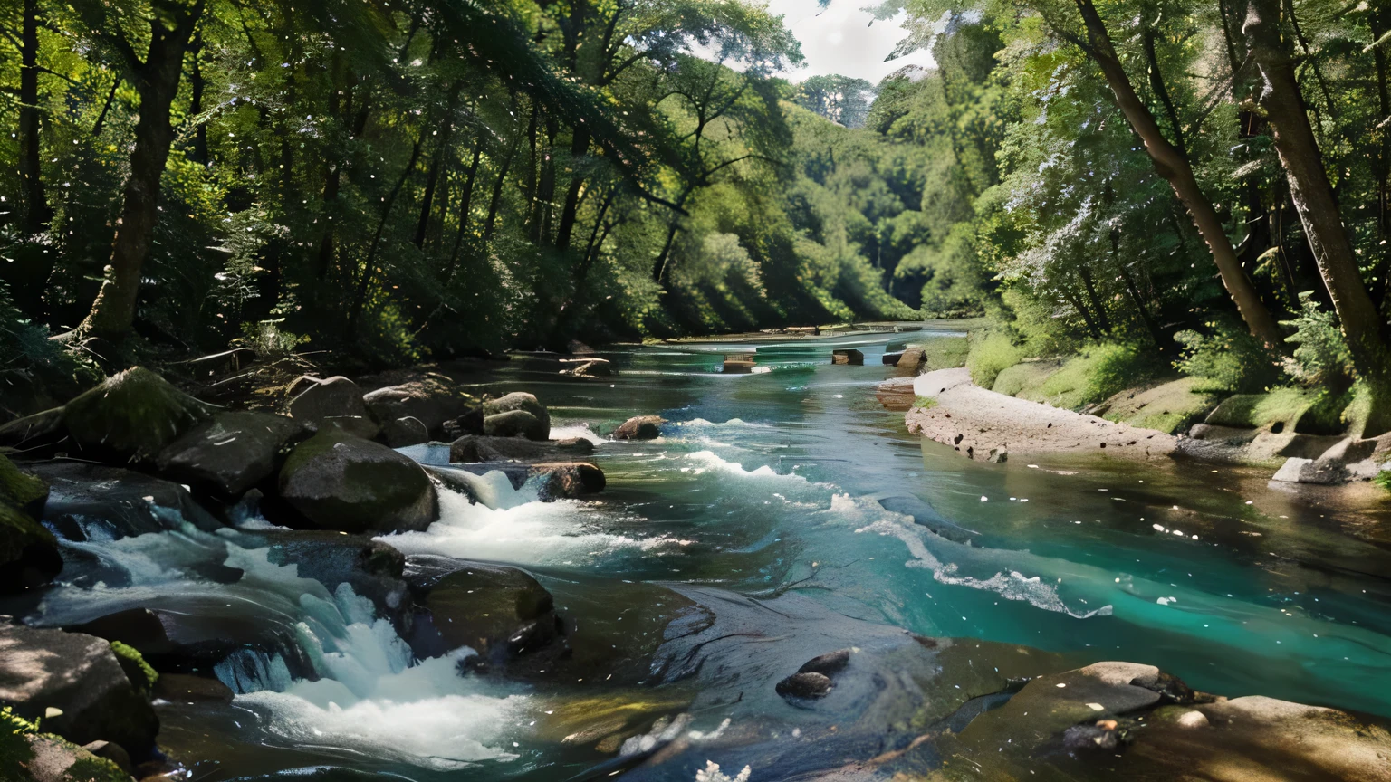 A winding river with crystal clear water, flowing between lush trees"