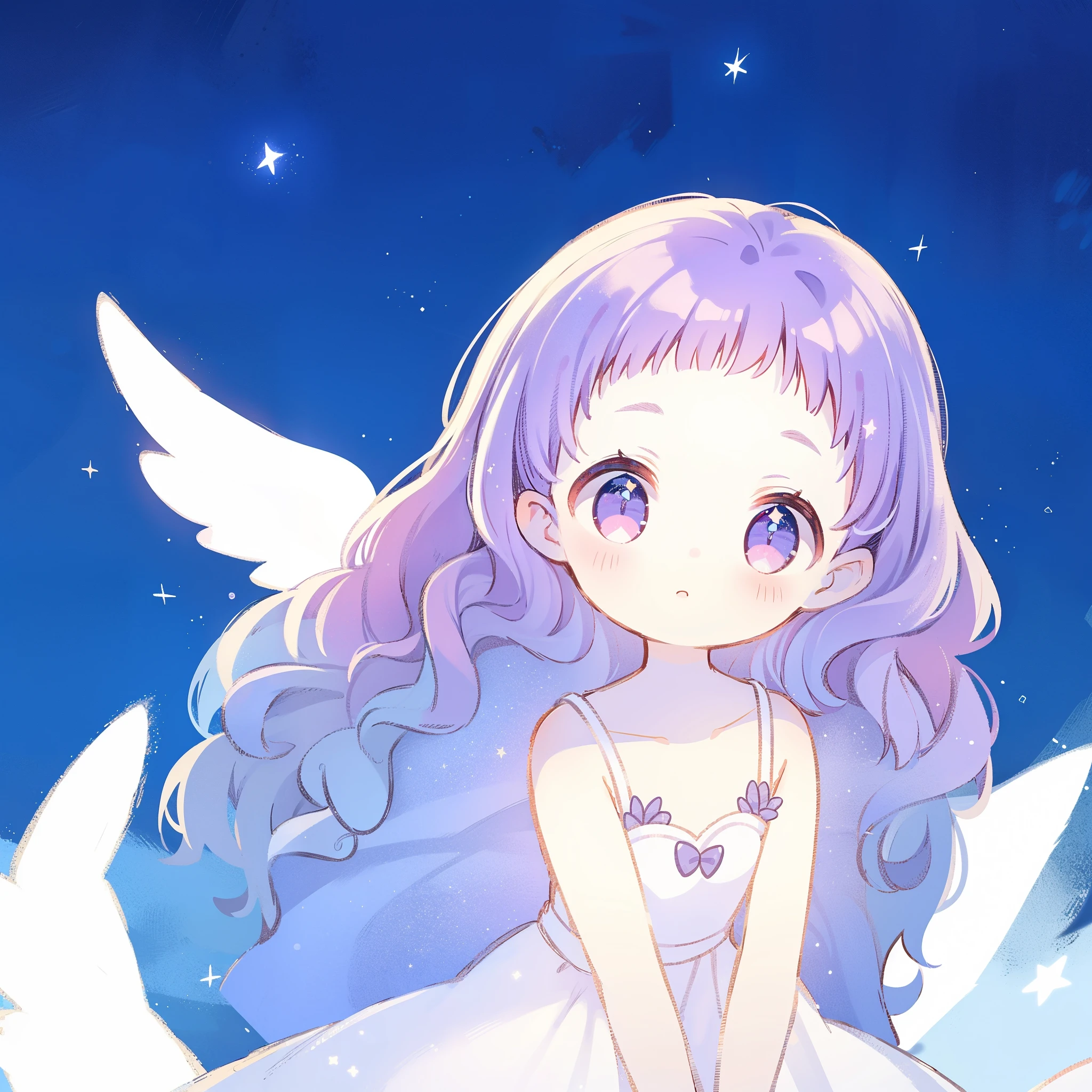 angel girl wearing an ethereal white ballerina tutu dress, pale skin, ((wavy gradient blue purple hair)), white feathers, angel wings, sparkling detailed eyes, golden ratio face, perfect composition, highly detailed, ethereal, (starry night sky background), midjourney style