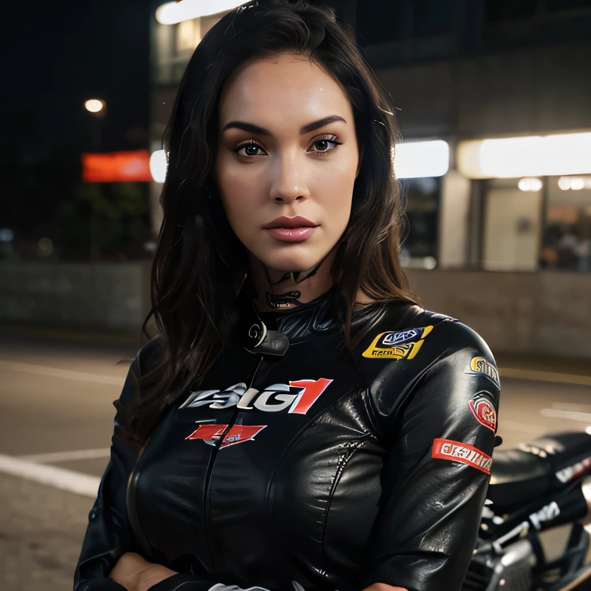 Megan Fox a highly detailed photo of wearing a leather leggings with the MotoGP logo, beautiful detailed eyes, beautiful detailed lips, extremely detailed face, long eyelashes, intricate leather textures, dynamic motorcycle racing pose, cinematic lighting, dramatic shadows, hyperrealistic, 8k, photorealistic