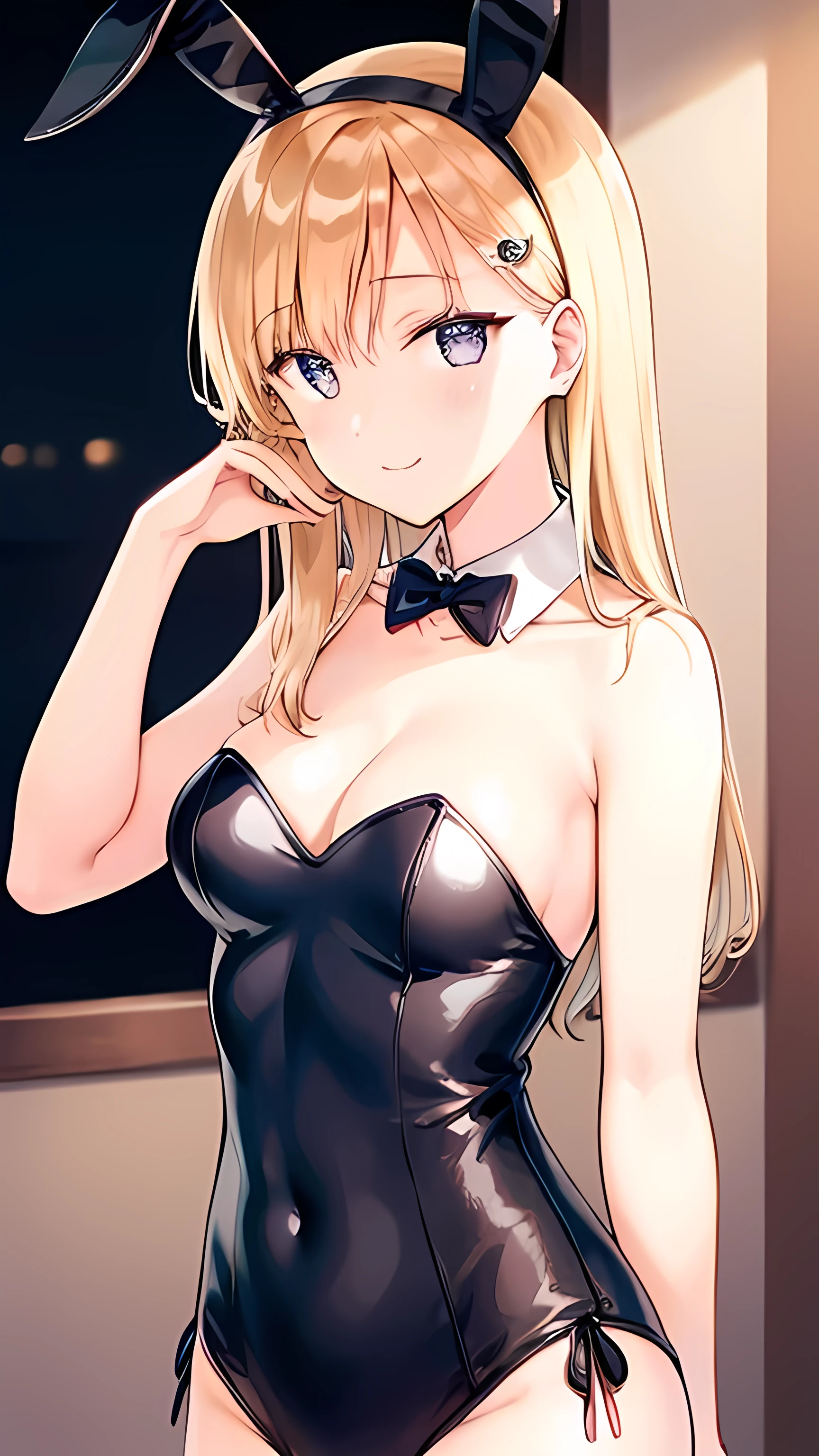(masterpiece), best quality, expressive eyes, perfect face, 1girl, medium breast, straight hair, night club, smile, light-blonded hair, playboy bunny