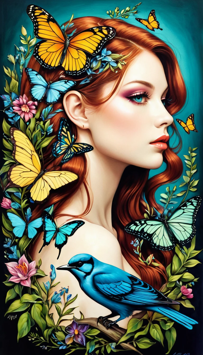 Colored lead painting simple illustration:(((Inspired by Marco Mazzoni))),An expression of pain and struggle,Profile Portrait - Head Up,bird、Butterfly、Plants and flowers。