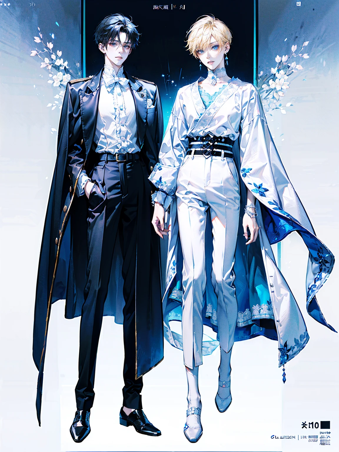 ((full body: 2)), ((UHD, masterpiece, super detail, best quality, highres, 8k)), (detailed line art), perfect face, perfect body, perfect hands, perfect feet. Humans, around 20 years old, (2 males: 2.0), ((two characters)), male idols, (simple background, magazine cover style: 1.5). Features of the first person :Gentle vibe, standing on the right, (bright blonde hair), (parallel eyebrows, light blue eyes, droopy eyes, thin lips), (white top, collarbone-revealing top, puffed sleeves top, white ribbon decorations:1.0, white frill decorations:1.0, white lace decorations:1.0, white corset, high-waisted white pants, white belt, white leather shoes), (white ribbon choker), (angelic vibe), (looking forward). Features of the second person :Cool vibe, standing on the left side, (black hair), (parallel eyebrows, light blue eyes, slanted eyes, thin lips), (black top, high-neck top, fitted top, black jacket, black belt decoration:1.5, black pants, black belt, black leather shoes), (black earrings, black bracelet), (devil-like vibe), (looking forward).