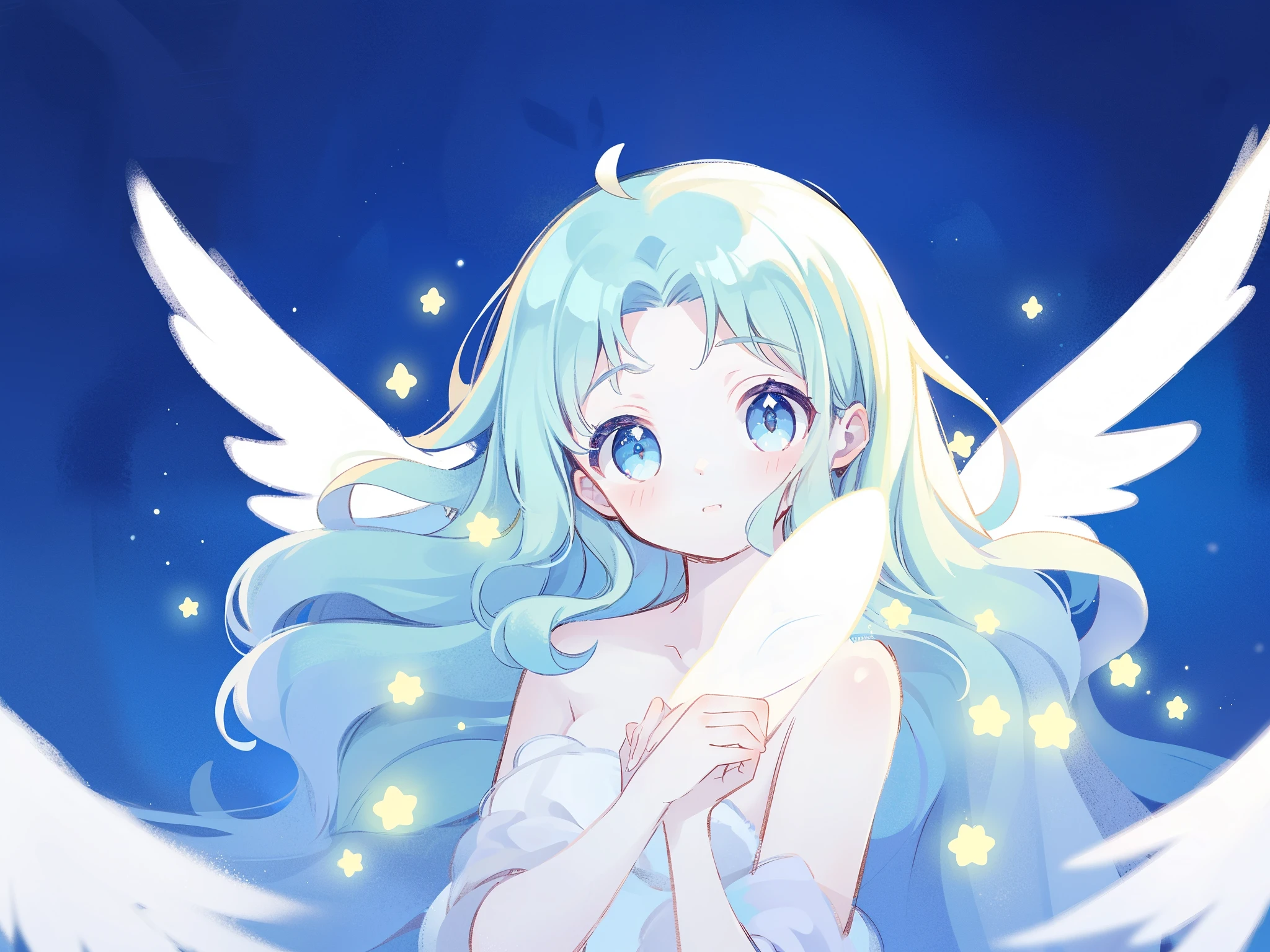 nude angel girl wearing an ethereal translucent dress, pale skin, ((wavy blue mint hair)), white feathers, large angel wings, sparkling detailed eyes, golden ratio face, perfect composition, highly detailed, ethereal, (starry night sky background), midjourney style