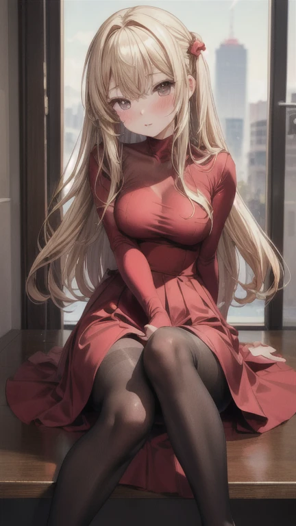 (masterpiece, best quality), 1girl, blonde hair, red dress, pantyhose, cute face, blush,
