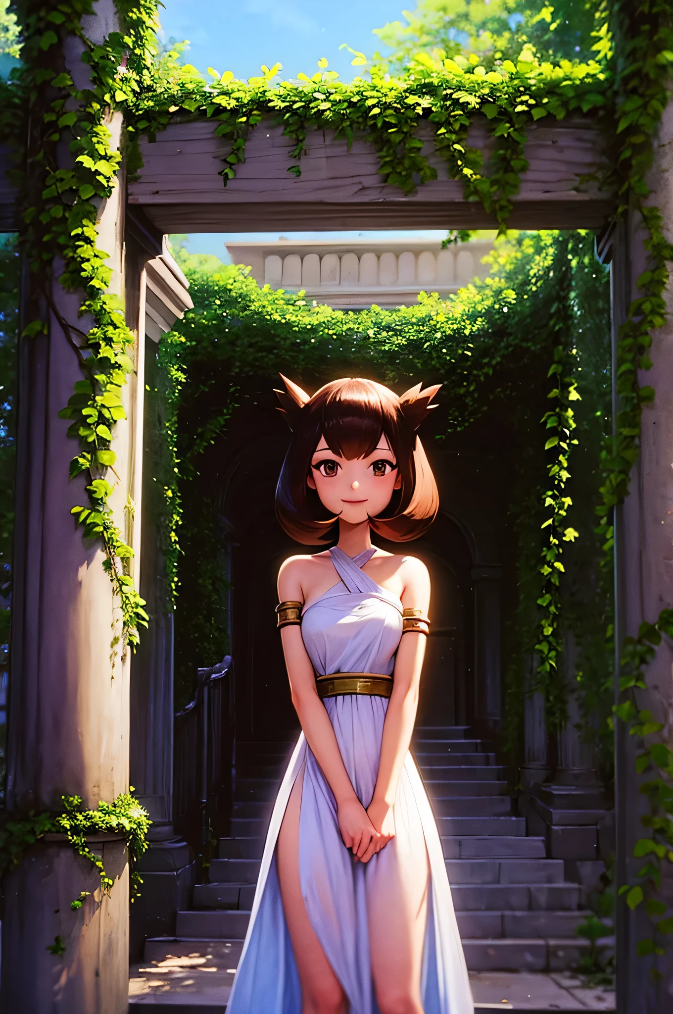 masterpiece, best quality, ultra-detailed, illustration, beautiful detailed eyes, very detailed illustration, cinematic lighting, 1 girl, solo, Pokemon Heroes (Bianca), Brown Hair, brown eyes, bare shoulders, greek clothes, peplos, armlet, see-through, arch, pillar, column, overgrown, vines, blue sky, arms behind back, smile, Close up, looking at viewers, far from the bottom 