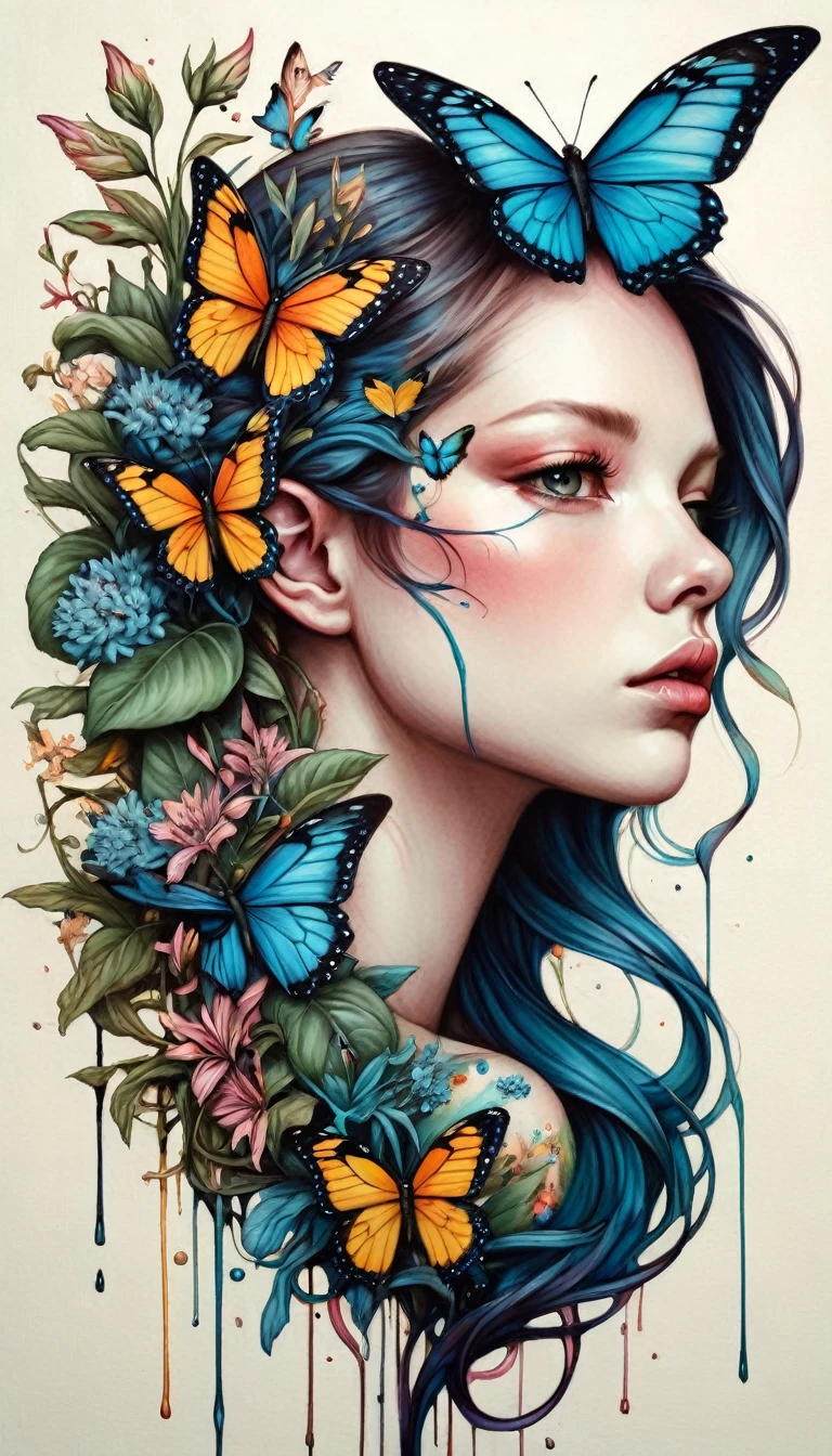 Colored lead painting simple illustration：Inspired by Marco Mazzoni,An expression of pain and struggle，Profile portrait - head up，bird、Butterfly、Plants and flowers。