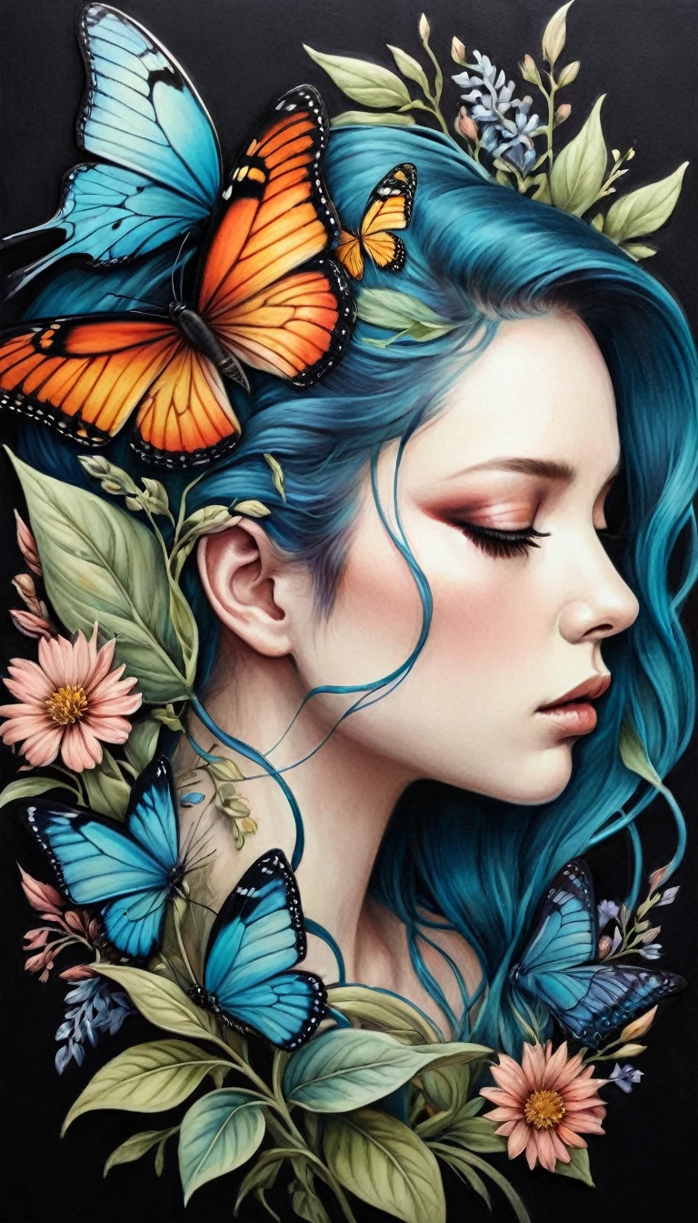 Colored lead painting simple illustration:Inspired by Marco Mazzoni,An expression of pain and struggle,Profile portrait - head up,bird、Butterfly、Plants and flowers。