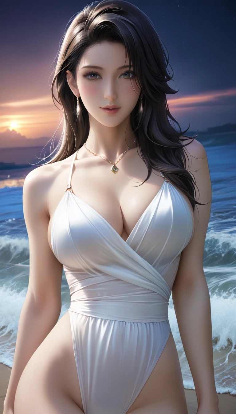 score_9, score_8_superior, score_7_superior, Masterpieces with up to 16K resolution,Highest quality,it is really amazing,Very detailed,Ultra-high resolution,(Ultra-realistic:1.1),(Realistic:1.1),Increased depth of field,Cinematic lighting,
Elegant Japanese MILF,
Long black hair,Ultra-detailed and beautiful faces,Translucent white skin,Very detailedな肌,
(Elegant swimwear:1.1),
Bold design,Artistic design,Beautiful and detailed pattern,Detailed fabric texture,
Gorgeous necklace,Earrings,
(Bali Beach:1.1),(Dark beach at night:1.1),(Deserted beach:1.1),(A pitch black night sky with dark clouds:1.1),
(Cinematic Angle:1.2),