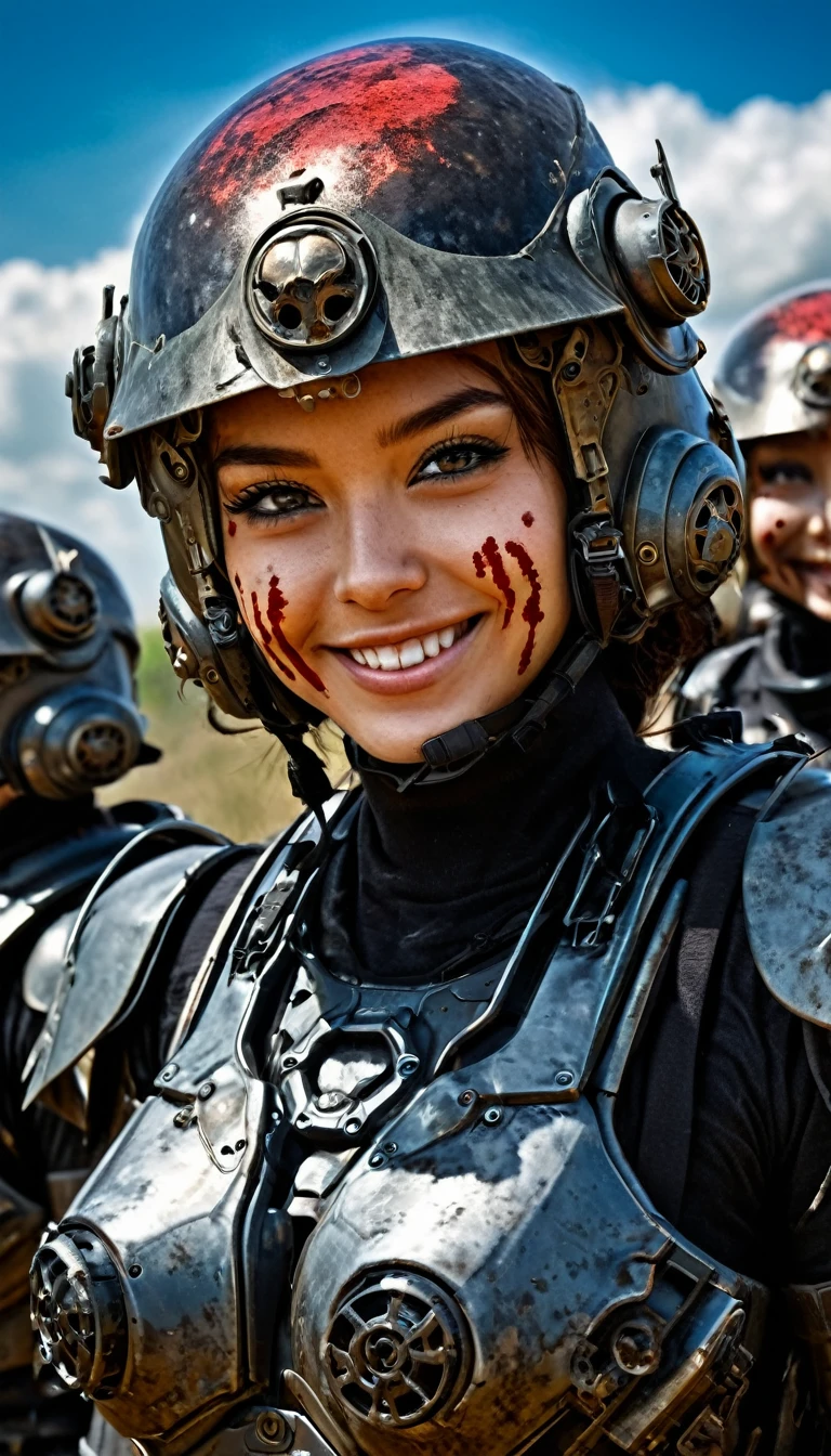 Close-up of a ((extremely beautiful girl warior)) , half human, half beast, their faces a bit partially obscured by military helmets. Their eyes are filled with hapiness and longing. The background is a trail of blood and violence. SHe wears a mechanized robot armor, carved with animal elements, human skulls. The sky is filled with swirling, fiery clouds. The photo conveys a strong sense of the warrior's appearance, ((brightly smiling))