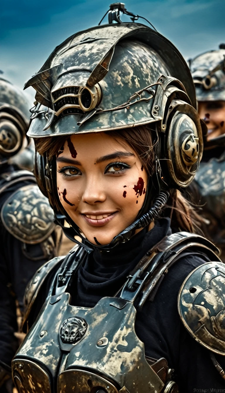 Close-up of a ((extremely beautiful girl warior)) , half human, half beast, their faces a bit partially obscured by military helmets. Their eyes are filled with hapiness and longing. The background is a trail of blood and violence. SHe wears a mechanized robot armor, carved with animal elements, human skulls. The sky is filled with swirling, fiery clouds. The photo conveys a strong sense of the warrior's appearance, ((brightly smiling))