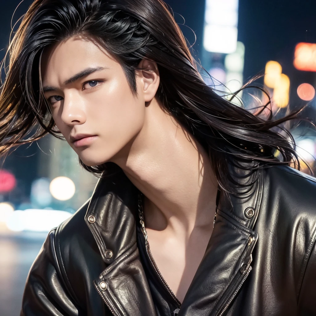of the highest quality, masterpiece, ultra high resolution, (realist: 1.4), Photo original, Wallpaper, head photo, fur, simple background, iris, detailed, autophoto, 1 chico, 18 years, good looking, wind,leather jacket、city at night