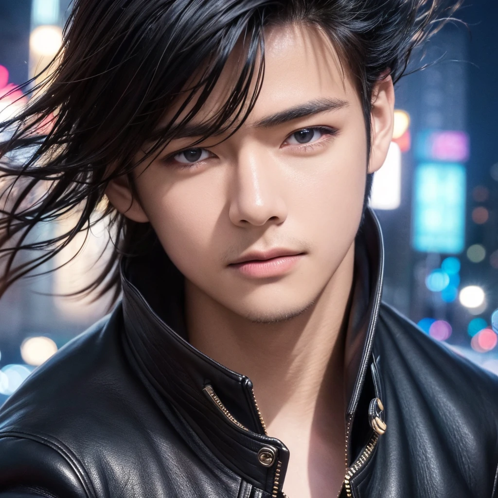 of the highest quality, masterpiece, ultra high resolution, (realist: 1.4), Photo original, Wallpaper, head photo, fur, simple background, iris, detailed, autophoto, 1 chico, 18 years, good looking, wind,leather jacket、city at night