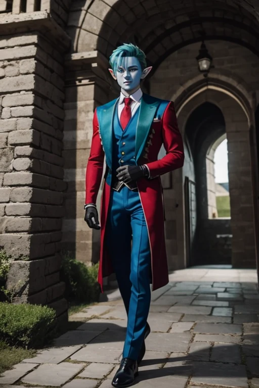 elf with blue skin and green hair, wearing red suit, black gloves, black dress shoes. in a medieval castle