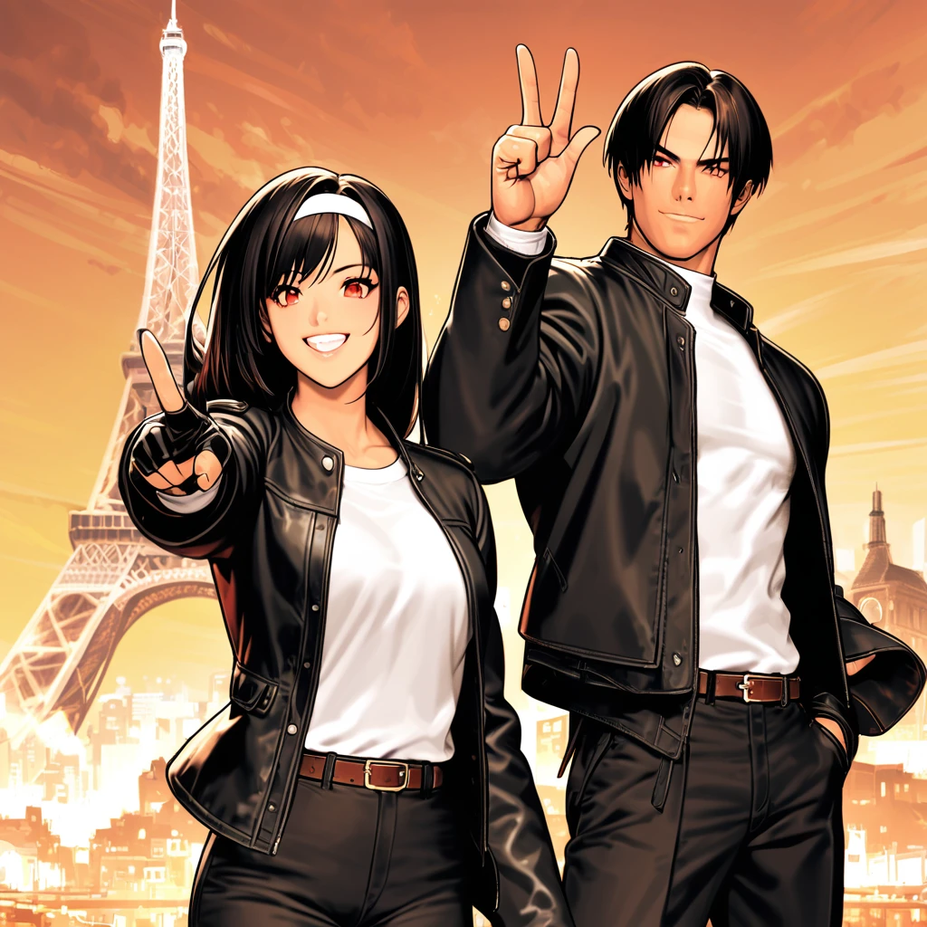 Orochikyo, Two people, Dark Skin, Red eyes, Black jacket, Fingerless gloves, Black Hair, White T-shirt, White headband, Black trousers, White shoes, Brown belt, good looking, shot, Charming, masterpiece, High resolution, Detailed face, Fine grain, A confident smile, Man and woman laughing with the Eiffel Tower in the background, Men and women have the same hairstyle and clothing, peace sign.