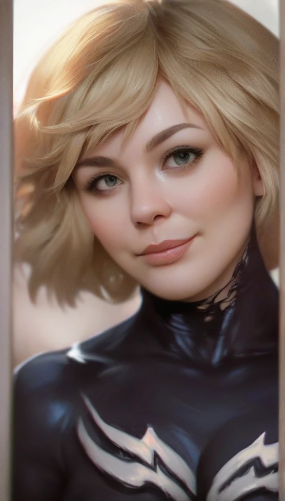 1girl, Heather Mason (Silent Hill 3), blonde hair, short hair, 19 years old girl, venom suit, ((high resolution, masterpiece, highres, photorealistic, cute face, perfect ilumination)), full body shot