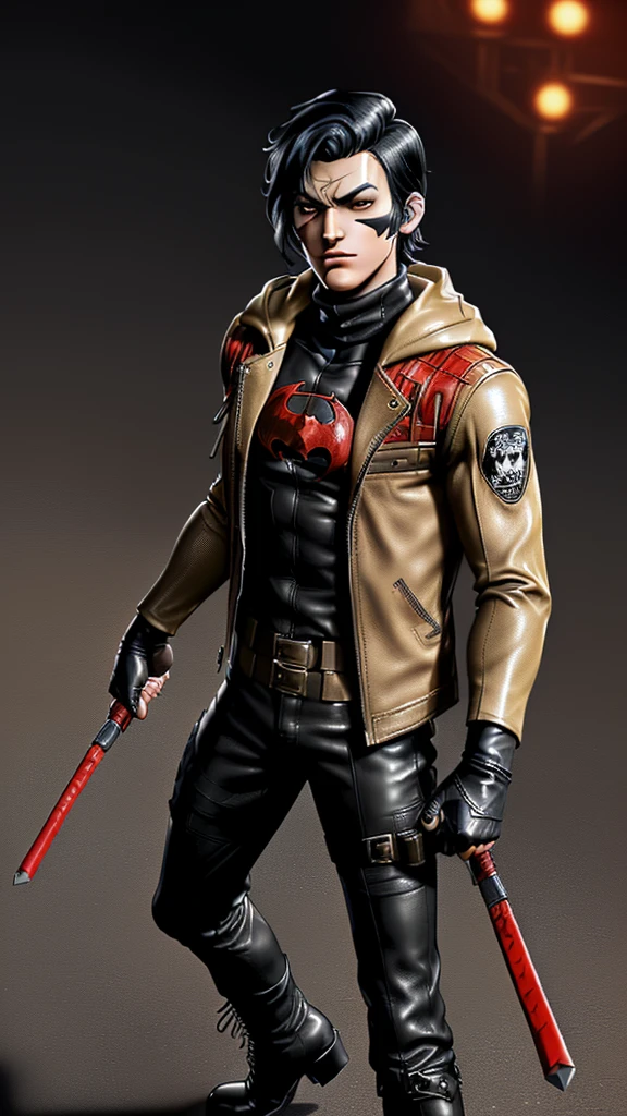 ((American comic hero)),,((jason todd))((red hood)),((young cute and cool ikemen  boy)),((black hair)),((very cool guy)), ((face is no paint and no mask)),,his age is early 20s, thin eyebrows and beady eyes, ((he is wearing beige color thick leather jacket)),((single-brest and no hood)),((leather jacket is long sleeve)), ((jacket color is beige only,no other colors)),((inner wear is black color and thick turtleneck tactical vest)),((chest area on a red color bat illustration)), ((tight dark gray color leather pants)),((put on black color and full finger tactical combat leather glove on both hands)),,((black color middle length leather boots)),((Japanese style character))
