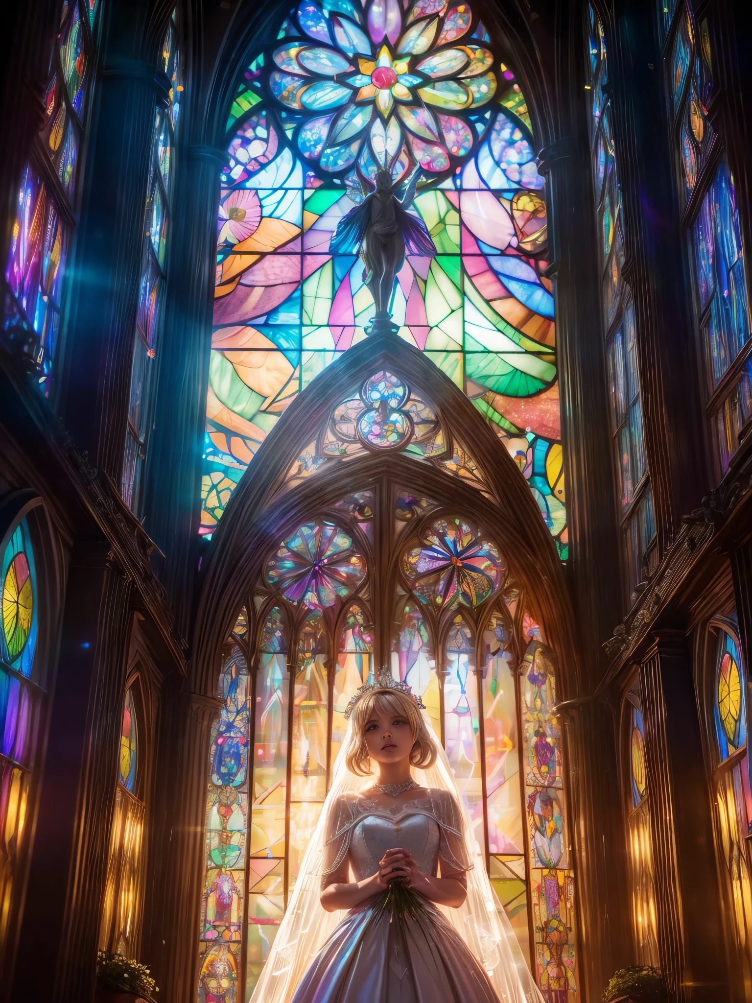(Cathedral from below:1.28) (ZoomLayer) TopQuality 8K masterpiece of ((Professional photo)), (((Clarisse de Cagliostro))) (Detailed White WeddingDresses), Chain, (((Extremely detailed KAWAII face))) {((VeiledFace))|BlondeHair|(Elaborate BuleEyes)with(SparklingHighlights:1.28)}, The background is distant (((Elaborate stained glass))) Rainbow Glass, {(MysticSight)|EnchantingAtmosphere|Haze|(GodRays)|TyndallEffect}, Radiant PearlSkin with Transparency, (Exposed:0.39)