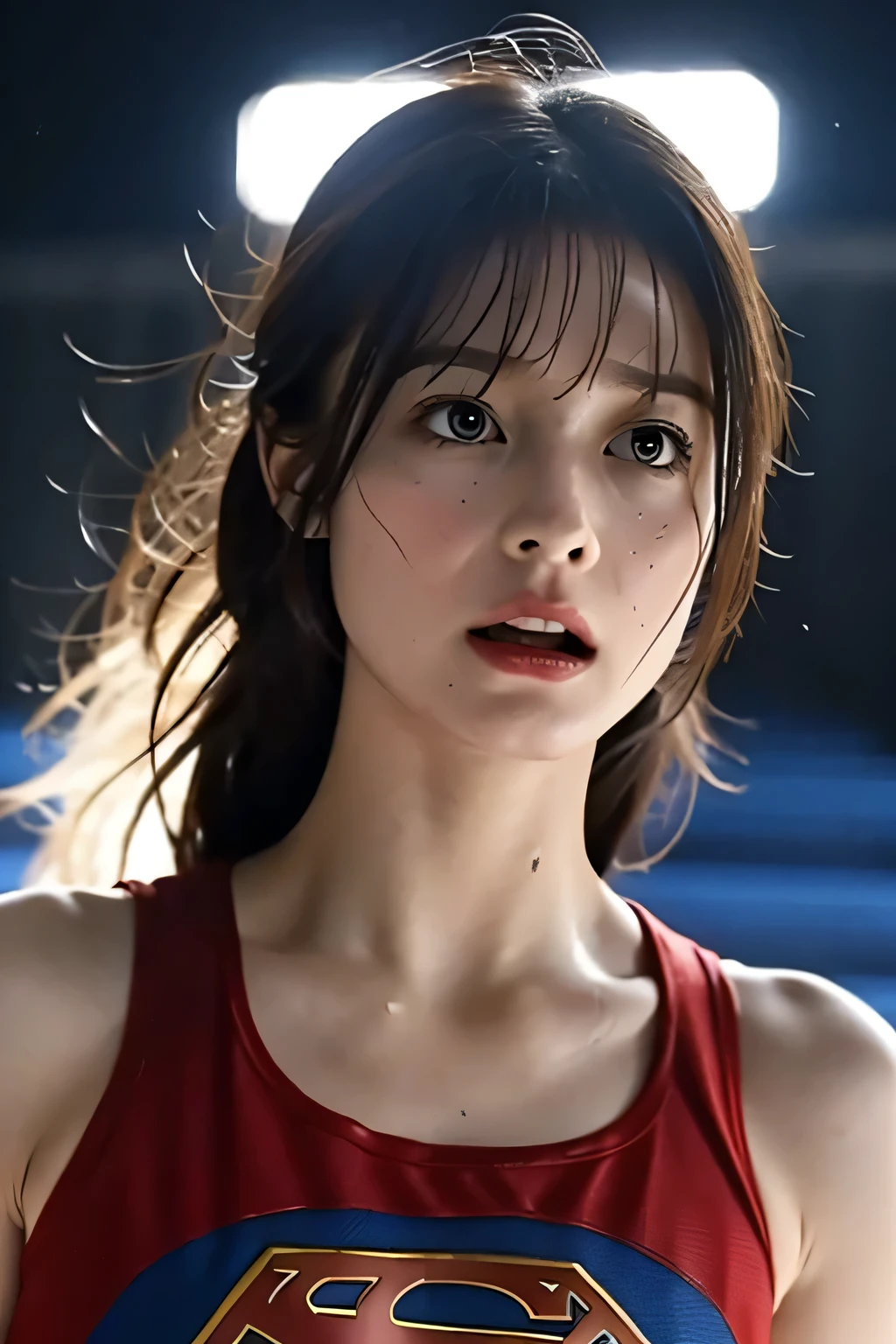 Supergirl, 29 years old、Height: 152cm, in the wrestling arena, midday, hair tied, Supergirl Afraid, Supergirl was sweating wet, Wearing a tank top Supergirl costume, Hair bangs, Supergirl's costume is torn, face Supergirl is injured, supergirl defeated,  Frightened expression, Look up, Sweating profusely, wet sweat, Supergirl screamed in fear, Supergirl was in pain holding her cheek, Supergirl was shocked, Supergirl gaped in fear