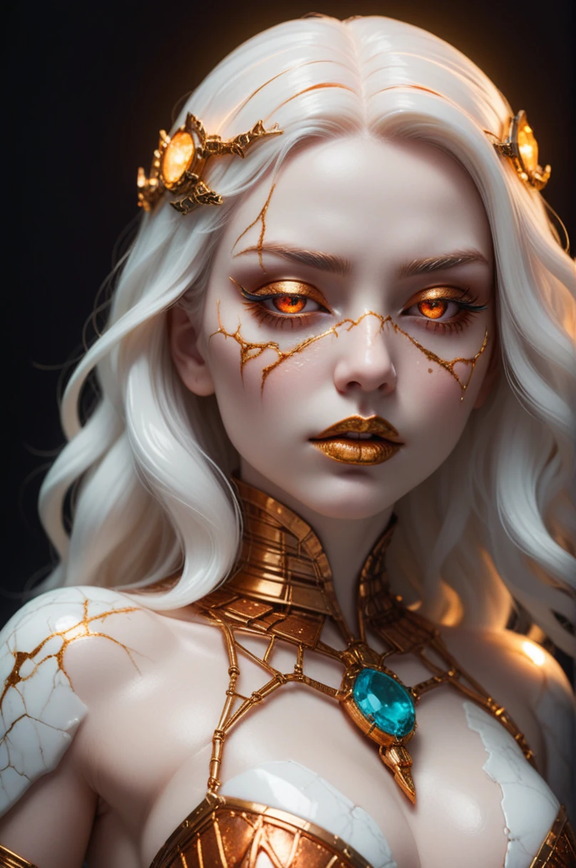 "close-up from head to upper breasts sculpted woman (detailed face), (not human alive) in extra polished and reflectant white marble, with numerous cracks that reveal a lava(radioactive/neon glow)/porcelain interior, (closed eyes:1.1), long gold(copper/steel mixed wired eyelashes, gemstone lips slightly parted, soft lighting that highlights textures (photo studio lighting/HDRI lighting same as Cinema4D), hyperrealistic style, focus on details, dark blurred background".