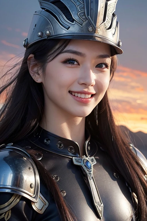 Close-up of a ((extremely beautiful girl warior)) , half human, half beast, their faces a bit partially obscured by military helmets. Their eyes are filled with hapiness and longing. The background is a trail of blood and violence. SHe wears a mechanized robot armor, carved with animal elements, human skulls. The sky is filled with swirling, fiery clouds. The photo conveys a strong sense of the warrior's appearance, ((brightly smiling))