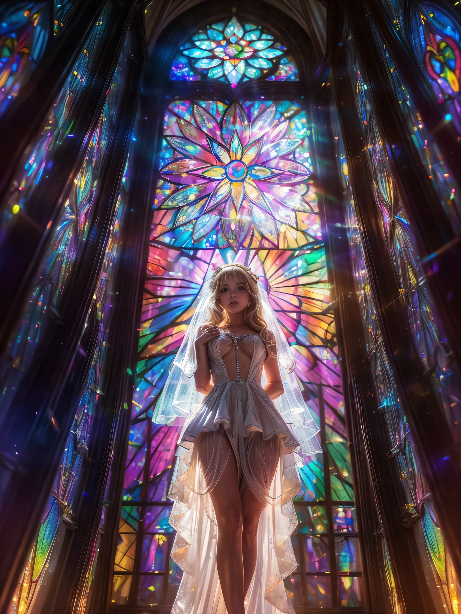 (Cathedral from below:1.28) (ZoomLayer) TopQuality 8K masterpiece of ((Professional photo)), (((Clarisse de Cagliostro))) (Detailed White WeddingDresses), Chain, (((Extremely detailed KAWAII face))) {((VeiledFace))|BlondeHair|(Elaborate BuleEyes)with(SparklingHighlights:1.28)}, The background is distant (((Elaborate stained glass))) Rainbow Glass, {(MysticSight)|EnchantingAtmosphere|Haze|(GodRays)|TyndallEffect}, Radiant PearlSkin with Transparency, (Exposed:0.39)