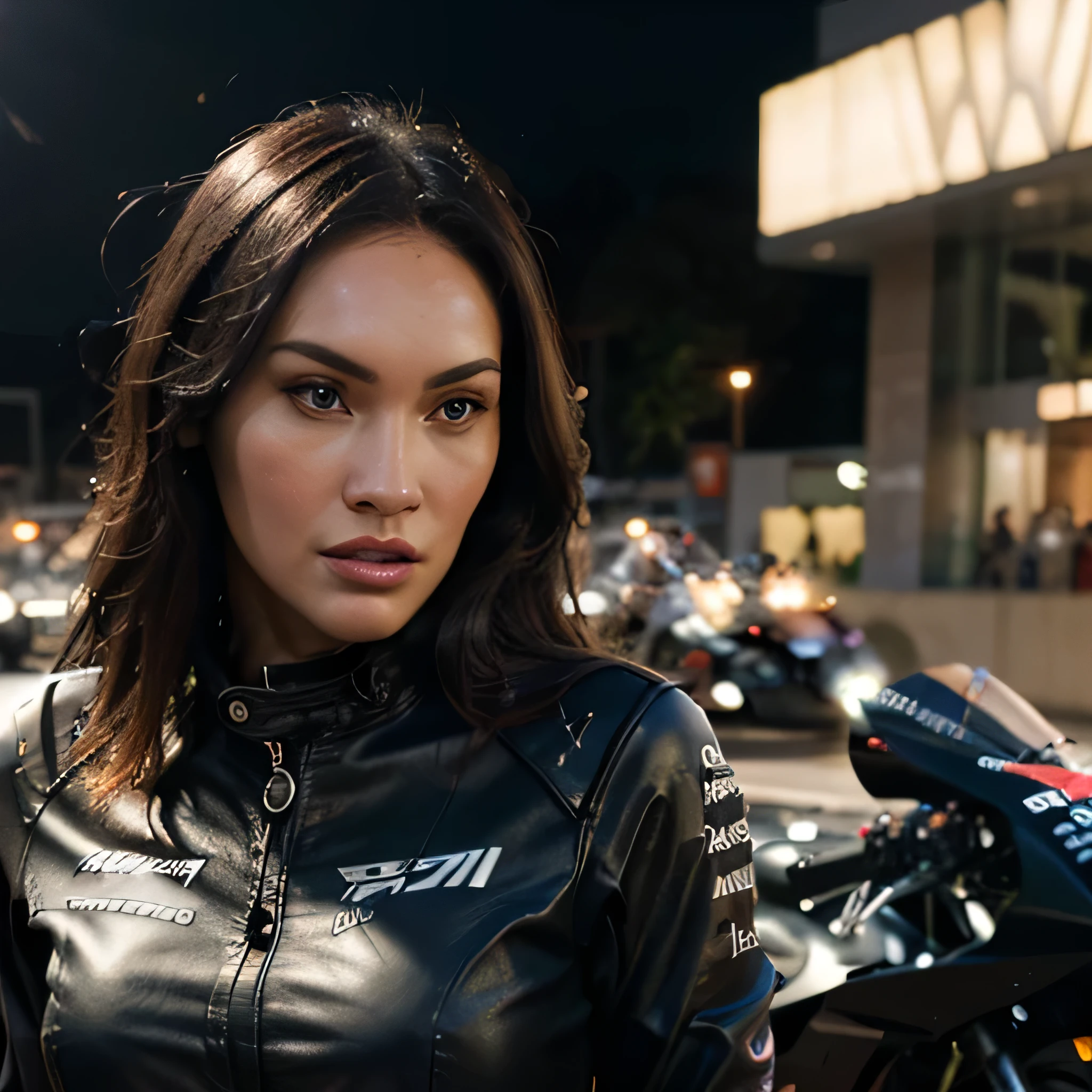 Megan Fox a highly detailed photo of wearing a leather jacket with the F1 logo, beautiful detailed eyes, beautiful detailed lips, extremely detailed face, long eyelashes, intricate leather textures, dynamic motorcycle racing pose, cinematic lighting, dramatic shadows, hyperrealistic, 8k, photorealistic