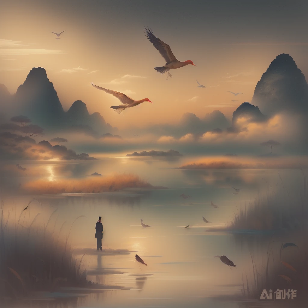 high quality，Chinese style，poster design，In the painting, a man stands in the swamp and observes the environment，Character enlargement，A flock of birds flying over the water,Remove watermark，Hand Painted，Chinese style海报，Chinese painting style, In the peaceful scenery, A beautiful artistic illustration, 