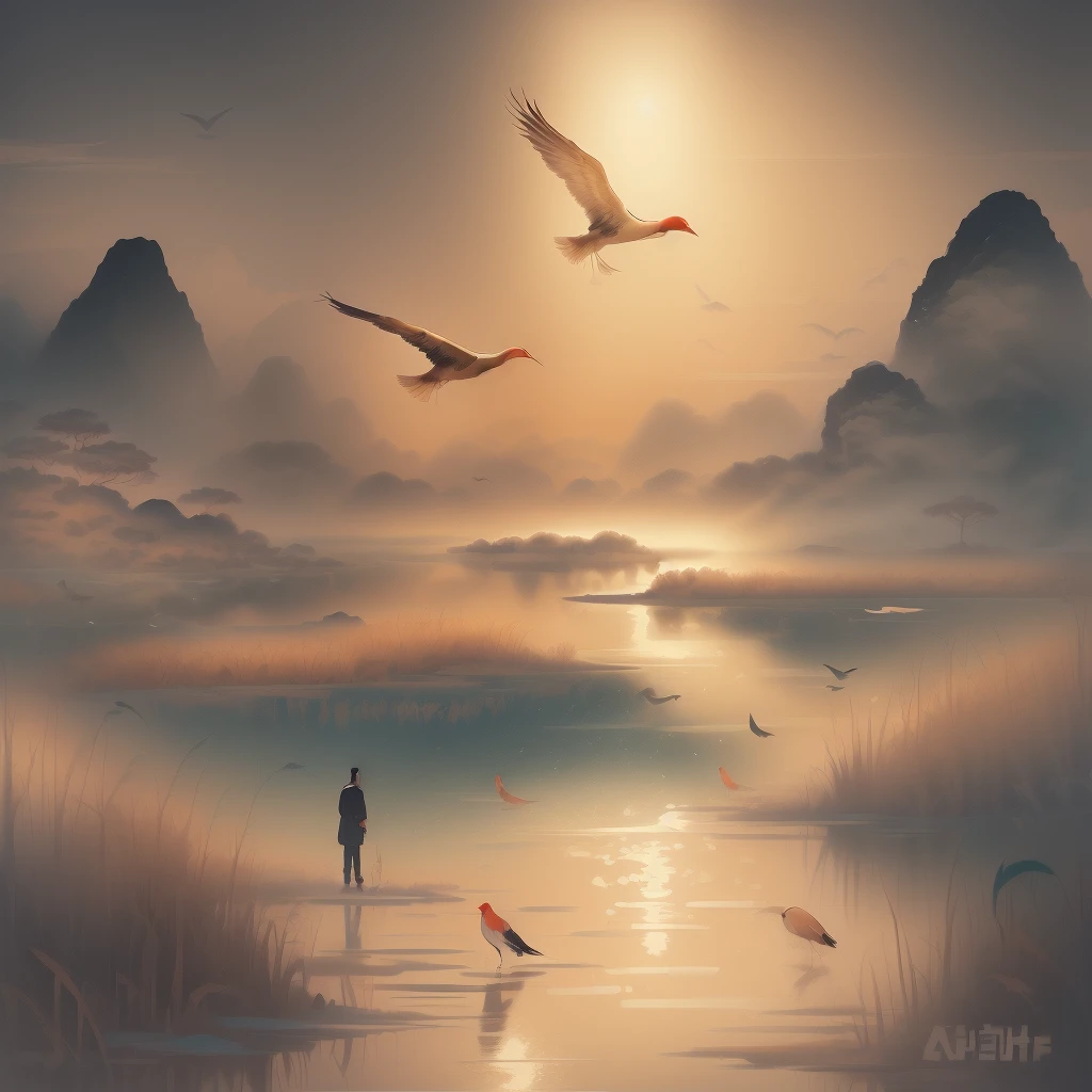 high quality，Chinese style，poster design，In the painting, a man stands in the swamp and observes the environment，Character enlargement，A flock of birds flying over the water,Remove watermark，Hand Painted，Chinese style海报，Chinese painting style, In the peaceful scenery, A beautiful artistic illustration, 