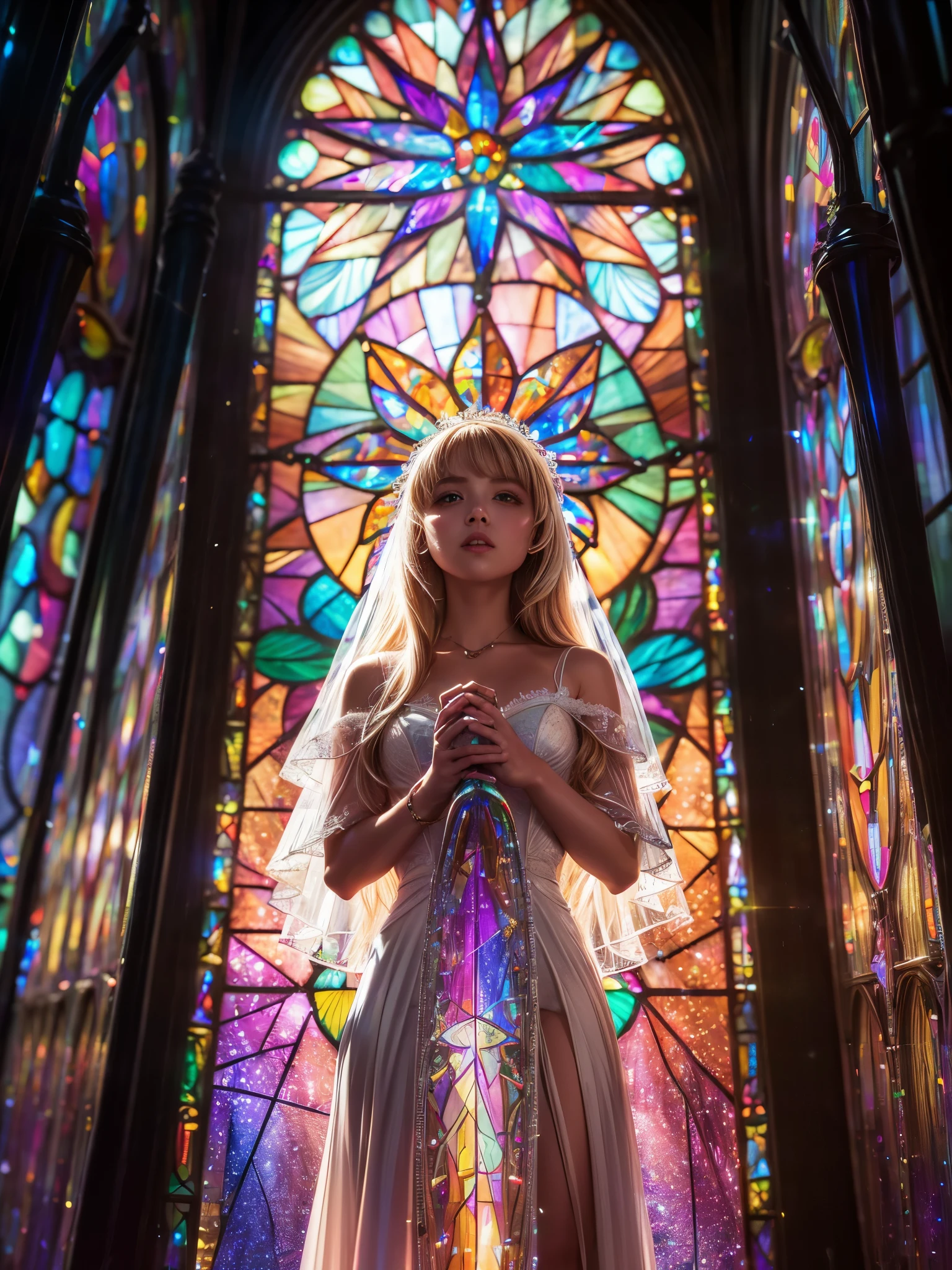 (Cathedral from below:1.28) (ZoomLayer) TopQuality 8K masterpiece of ((Professional photo)), (((Clarisse de Cagliostro))) (Detailed White WeddingDresses), Chain, (((Extremely detailed KAWAII face))) {((VeiledFace))|BlondeHair|(Elaborate BuleEyes)with(SparklingHighlights:1.28)}, The background is distant (((Elaborate stained glass))) Rainbow Glass, {(MysticSight)|EnchantingAtmosphere|Haze|(GodRays)|TyndallEffect}, Radiant PearlSkin with Transparency, (Exposed:0.39)