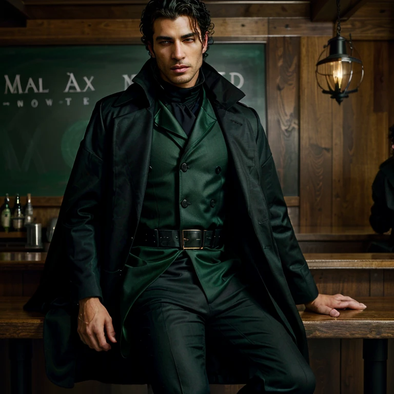 Arafed in a black coat, green shirt and black trousers, handsome man, Rogue Man, Black Stetson and coat, inspired by Max Magnus Norman, handsome, Black & Green, Sexy male, He is wearing a black cloak, masculinity, high-fashion, beautiful and elegant, epic and cool portrait, dark green tones, steampunk superhero, bangs hanging curls,sitting at a table at a bar, drinks beer