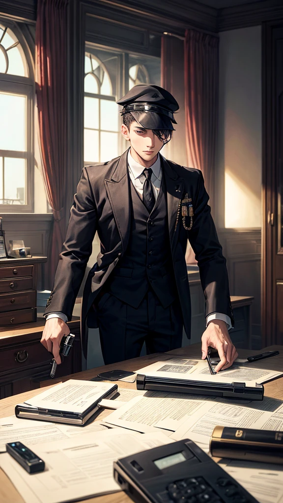 A young man appears in his office, wearing a black Prohibition uniform, smoking and lighting it with a lighter, a gun, a computer, a phone next to him, and a window overlooking the sea.