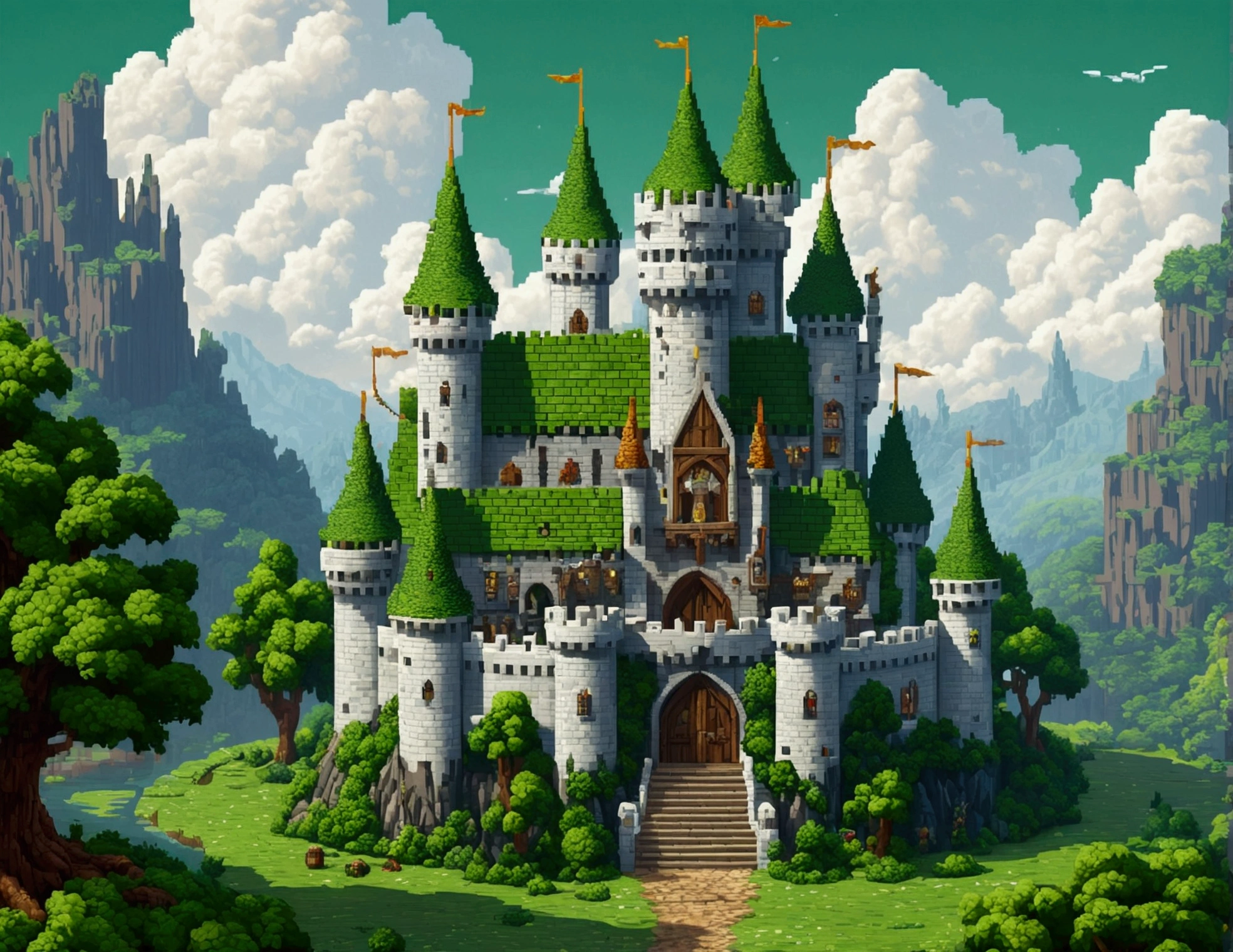 ( bit Pixel art),Elf Kingdom game scene, Green Banner, White Castle, squirt, Medieval Fantasy, Cloudy, Pixel art, Game loading scene, Pixel Games, Medieval House, Highest quality, masterpiece, Talked about at the art station, Very detailed