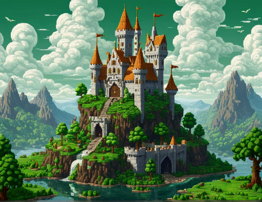( bit Pixel art),Elf Kingdom game scene, Green Banner, White Castle, squirt, Medieval Fantasy, Cloudy, Pixel art, Game loading scene, Pixel Games, Medieval House, Highest quality, masterpiece, Talked about at the art station, Very detailed