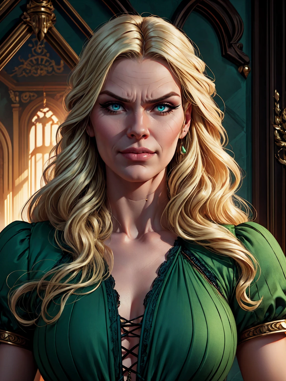 {-erro_de_anatomia:1.0} woman 40 years old, victorian clothes, (green dress), a woman (johanna constantine), very long blond hair, curly hair, (blond hair), (dark blue eyes), black nekless . Indifferent look , merciless, Angry face, dinamic poses, egoist smile, upper body,