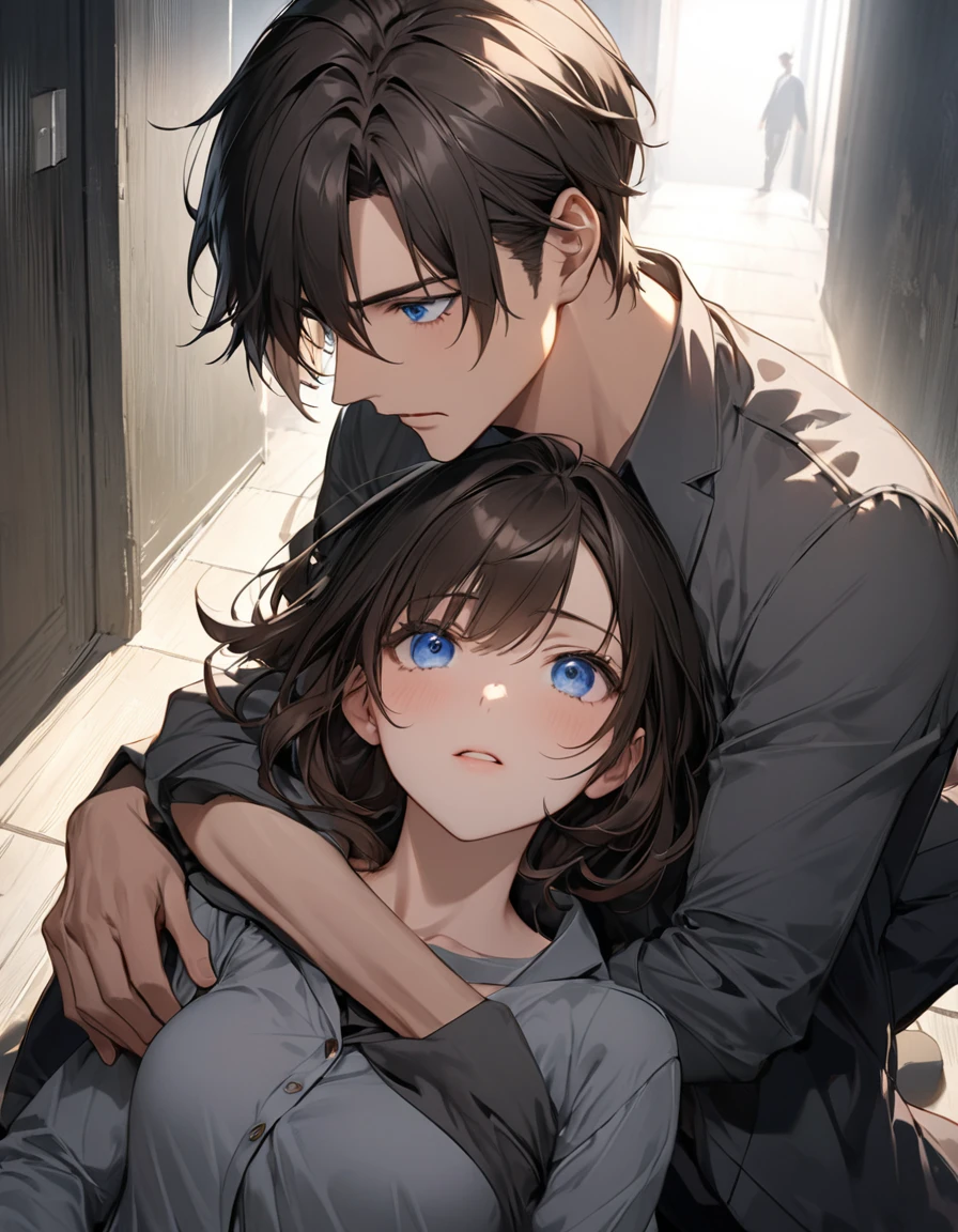 (Absurd, High Resolution), 16k, (Panorama), 17-year-old, 1man and 18-year-old, 1 woman being choked by man on the floor, man has blue eyes, Hands, man with Short right swept dandy black Hair, woman has long brown Hair, man wears dark gray shirt, woman wearing short Coat with shirt and pant, Extreme Detail, Dark hallway, dim lighting, Exaggerated Light, handsome man, beautiful woman