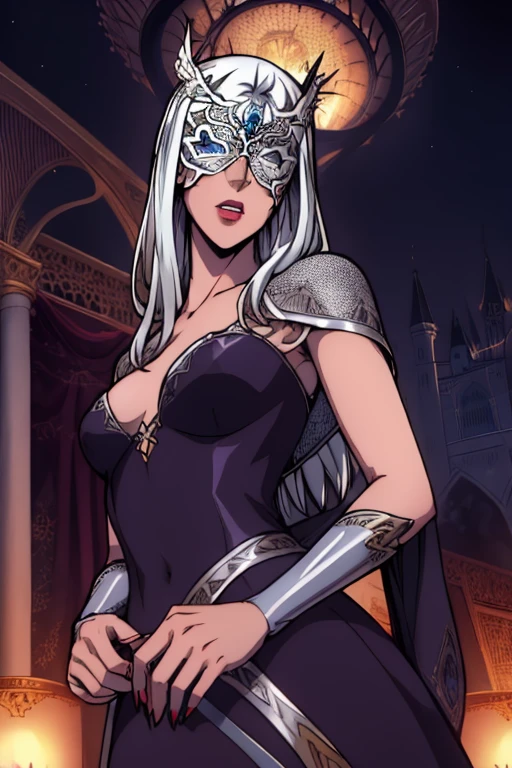 carmilla, medium breasts, black dress. by white, beautiful face, blue eyes, (masterpiece:1.2), Best Quality, absurdities, High resolution, extremely detailed wallpaper, perfect lighting, from below, blue eyes, castillo, view of the castle, outdoors, de evening, evening, at night, ((silver mask))