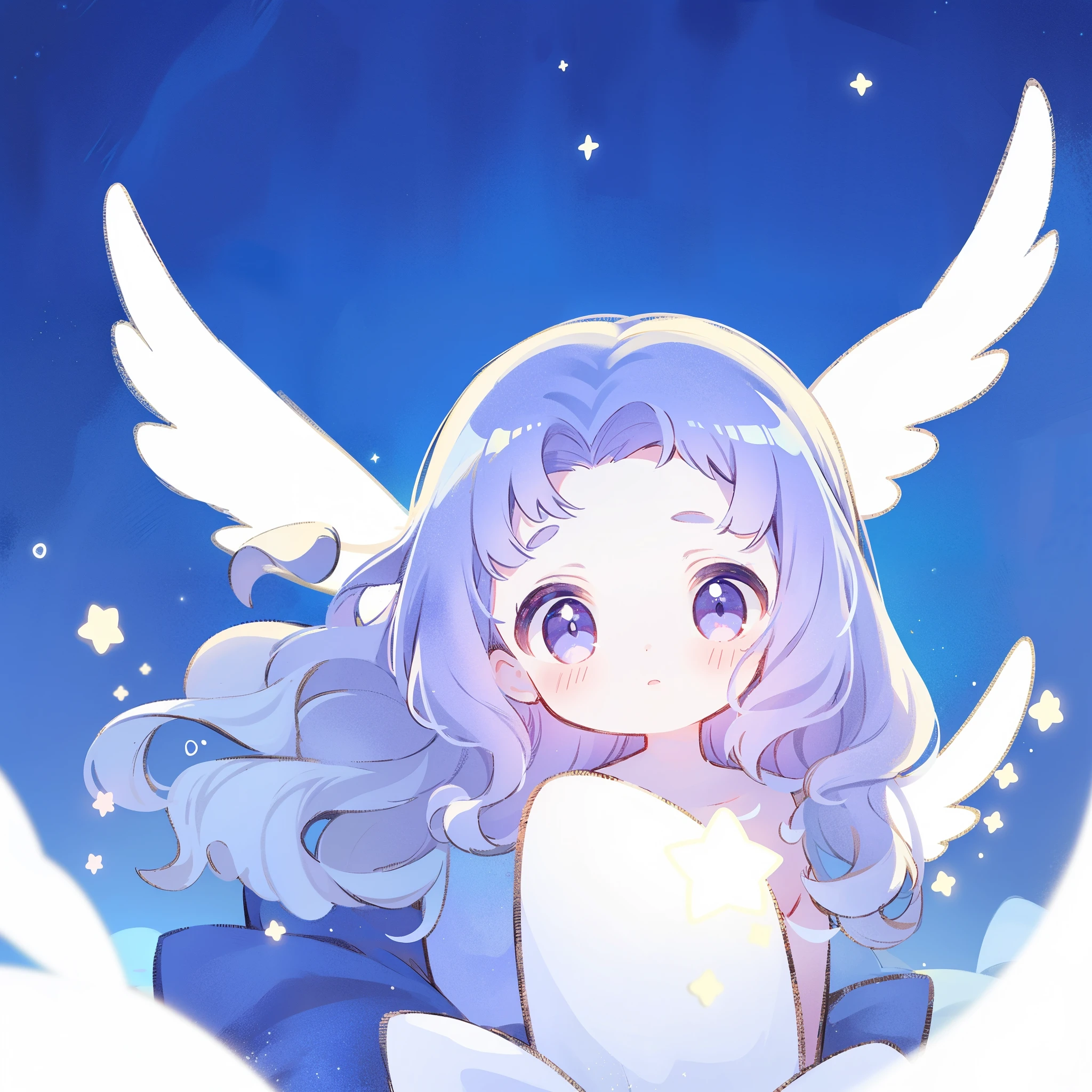 nude angel girl wearing an ethereal translucent dress, pale skin, ((wavy gradient blue purple hair)), white feathers, angel wings, sparkling detailed eyes, golden ratio face, perfect composition, highly detailed, ethereal, (starry night sky background), midjourney style
