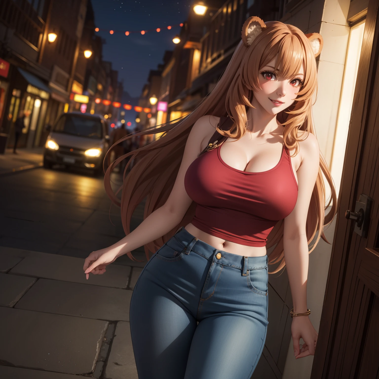 Raphtalia woman 35 years old straight floating golden blonde hair , rounded bear ears, red eyes like ruby, evil smile,big breasts, light and pale skin, low-cut clothing, low-cut pink top, Tight jeans, background an urban city bynoche, de noche