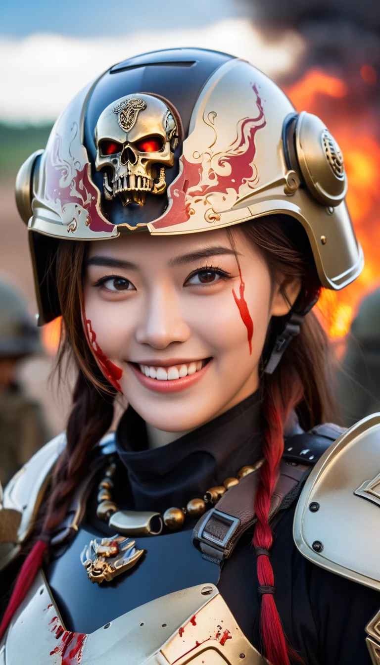 Close-up of a ((extremely beautiful girl warior)) , half human, half beast, their faces a bit partially obscured by military helmets. Their eyes are filled with hapiness and longing. The background is a trail of blood and violence. SHe wears a mechanized robot armor, carved with animal elements, human skulls. The sky is filled with swirling, fiery clouds. The photo conveys a strong sense of the warrior's appearance, ((smiling))