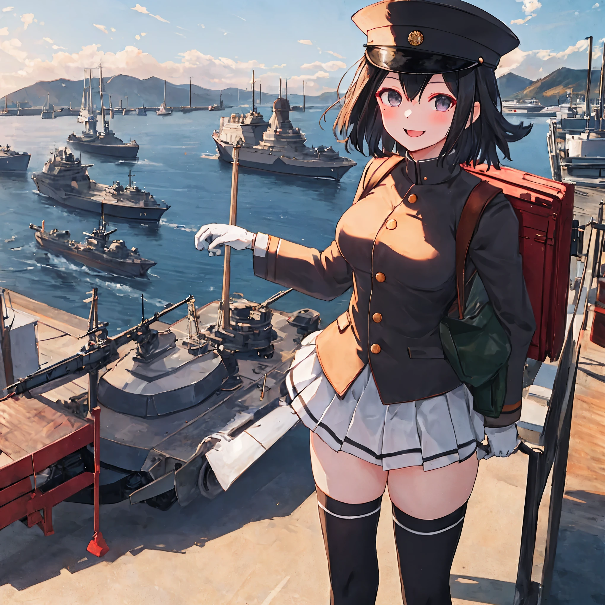 best quality, masterpiece, solo, {akitsu_maru_kantaicollection:1.15}, black_hair, short_hair, hat, peaked_cap, black_eyes, military, big_breasts, 1girl, black_headwear, looking_at_viewer,black_ military_uniform, uniform, military_hat, in_front_harbor_town_landscape_background, smile,(plump:0.7),,black_thigh-highs,joylight_open_mouth,white_skin