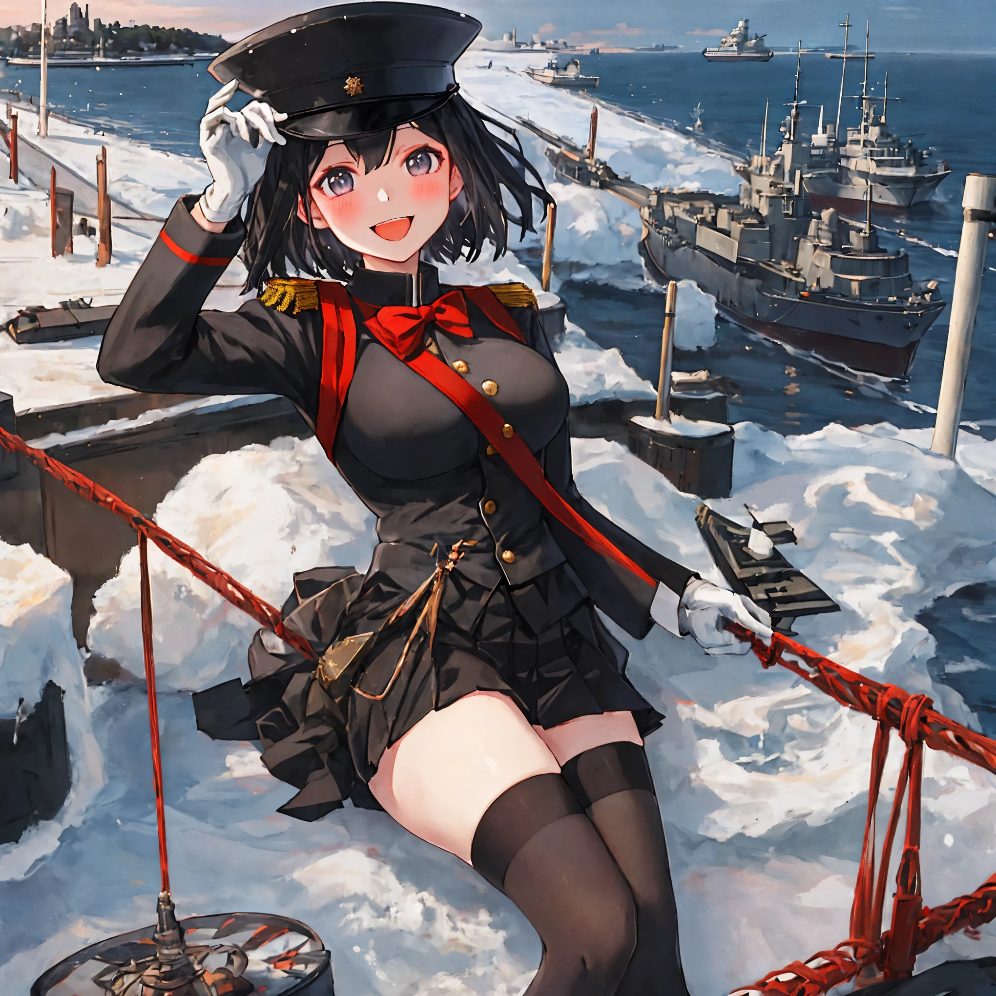 best quality, masterpiece, solo, {akitsu_maru_kantaicollection:1.15}, black_hair, short_hair, hat, peaked_cap, black_eyes, military, big_breasts, 1girl, black_headwear, looking_at_viewer,black_ military_uniform, uniform, military_hat, in_front_harbor_town_landscape_background, smile,(plump:0.7),,black_thigh-highs,joylight_open_mouth,white_skin